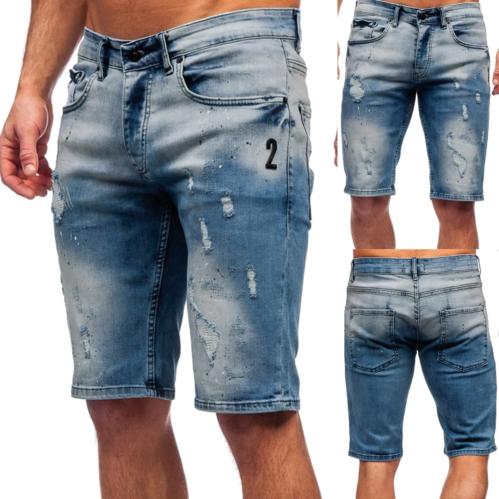 Men's Summer Middle Waist Pant Shorts Micro Elastic Hole Worn Hole Shorts Zipper Open Five Point Denim Shorts