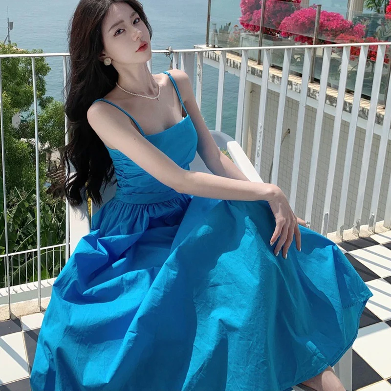 

TFETTERS Brand French Elegant Dress for Women 2023 Tourist Holiday Style Slim Summer Dress Women High Waist A-line Blue Dresses