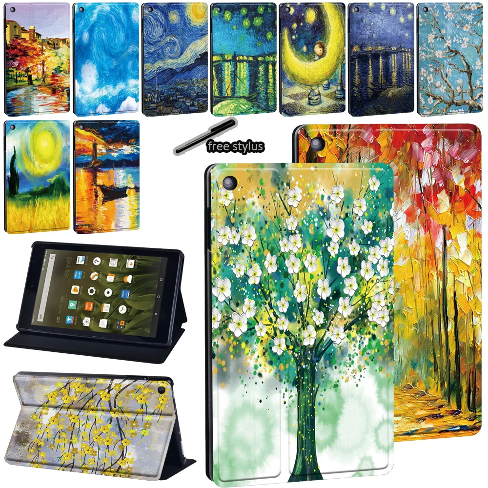 PU Leather Tablet Case for Amazon Fire 7 (5/7/9th Gen)/HD 8 (6th 7th 8th Gen)/HD 10(5th 7th 9th Gen) oil painting series Cover