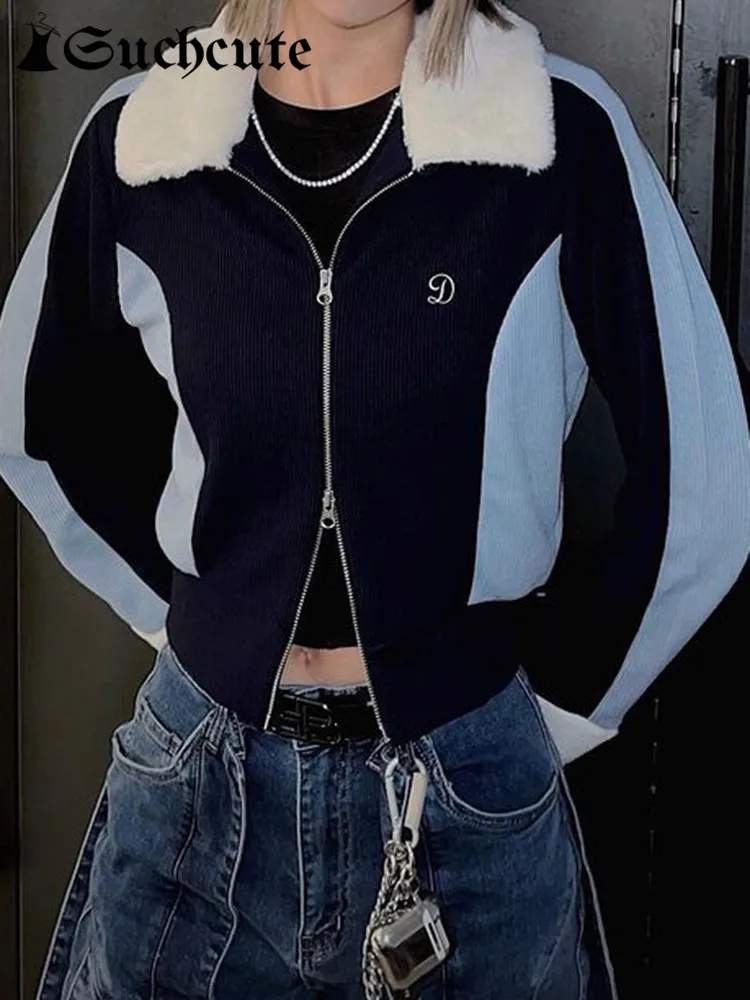 

SUCHCUTE Korean Fashion Fur Collar Patchwork Jackets Women Fairycore Zip Up Slim Knitted Jacket Vintage Patchwork Furry Cardigan
