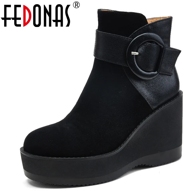 

FEDONAS Mature Women Ankle Boots Fashion Buckle Platforms Wedges Heels Genuine Leather Party Office Shoes Woman Autumn Winter