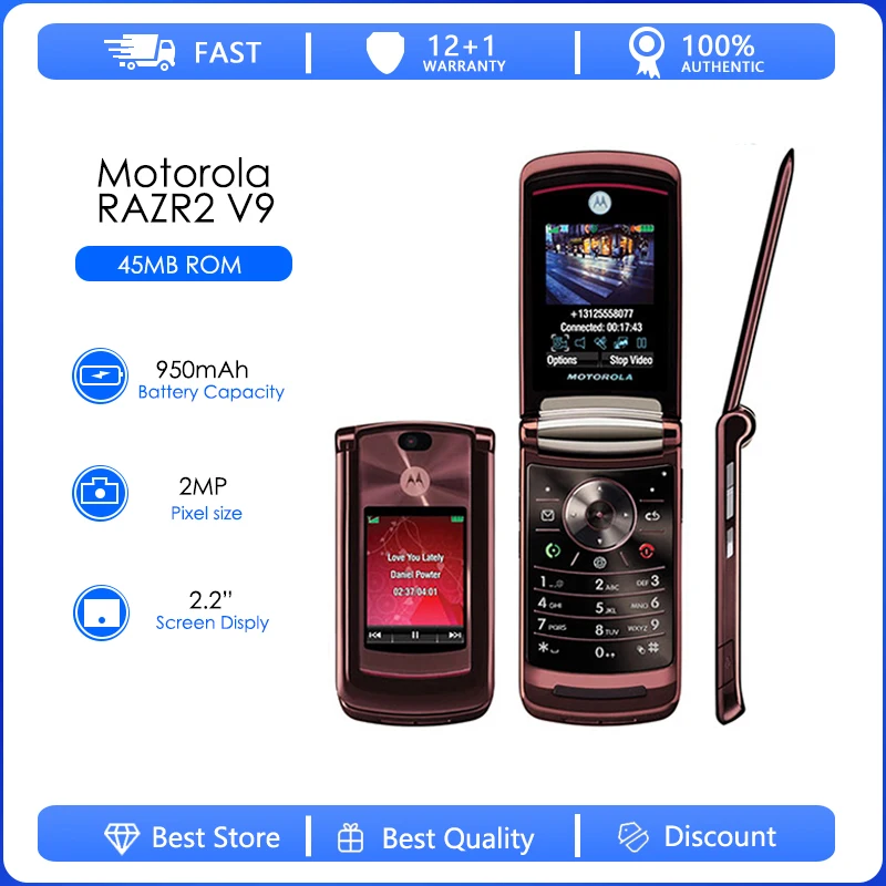 

Motorola V9 Refurbished-Original Motorola RAZR2 V9 Mobile phone 2.2" 3G 2.0MP GSM WCDMA Flip Cellular Phone Free shipping