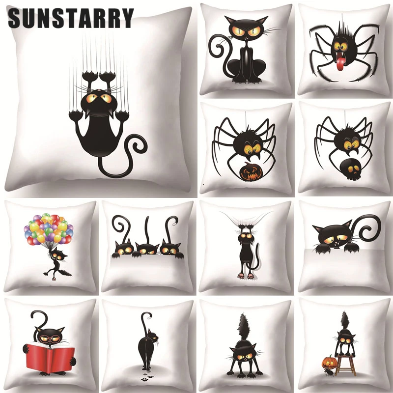 

1Pcs Black Cat Spider Polyester Cushion Cover Decorative Throw Pillows Home Bedroom Sofa Seat Car Decoration Pillowcase