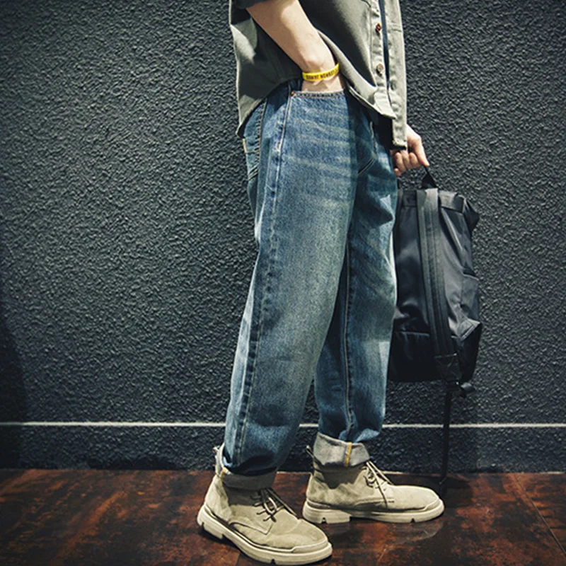 Streetwear Men 2022 Fashion New Pattern Vintage Recreational Blue Jeans Loose Straight Cylinder Broad Leg Trousers Autumn Female