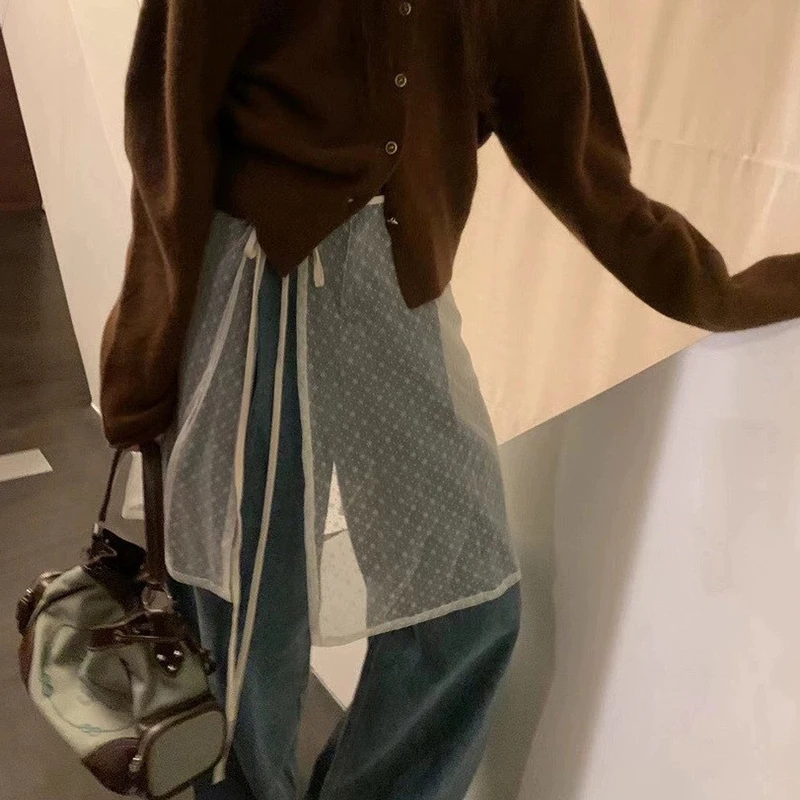 Женская кружевная юбка в Корейском стиле многослойная сетчатая на завязках