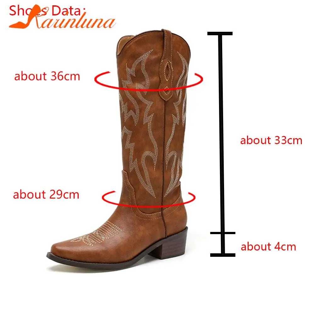 Western Boots Pointed Toe Mid Calf Boots Autumn Winter 2023 Vintage Style Embroidery Boots Thick Heels Comfy Walking Lady Boots