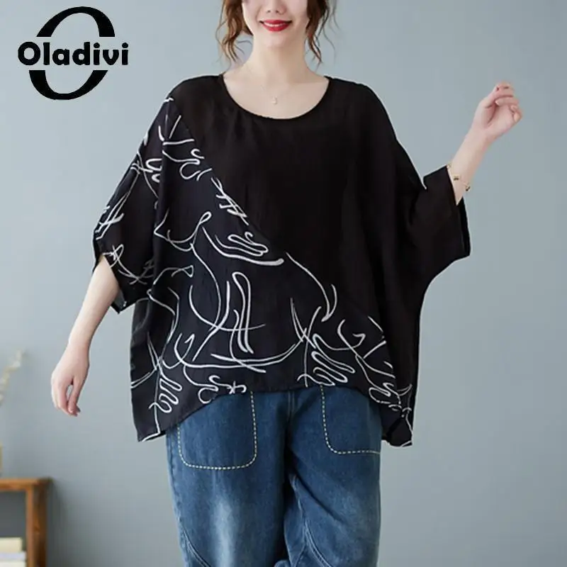 

Oladivi Fashion Print Women's Oversized T-Shirts 2023 Summer New Casual Loose Shirts Vintage Ladies Top Tees Tunics 5XL 6XL 1736