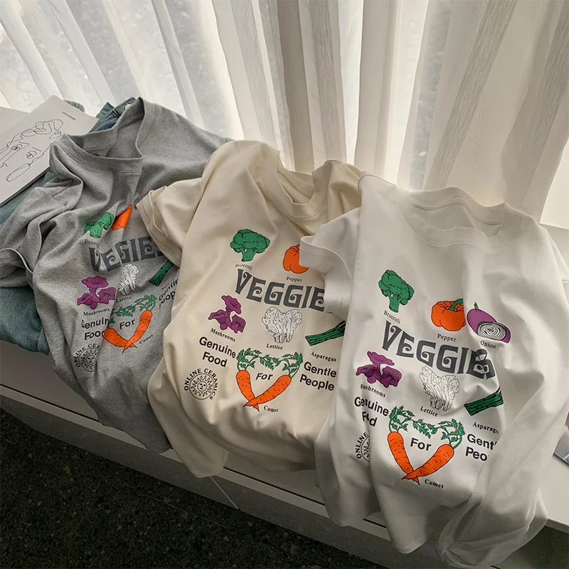 

Vegetable Printed White Short Sleeved T-shirt For Women In 2023 Summer Design Round Neck Loose Tee
