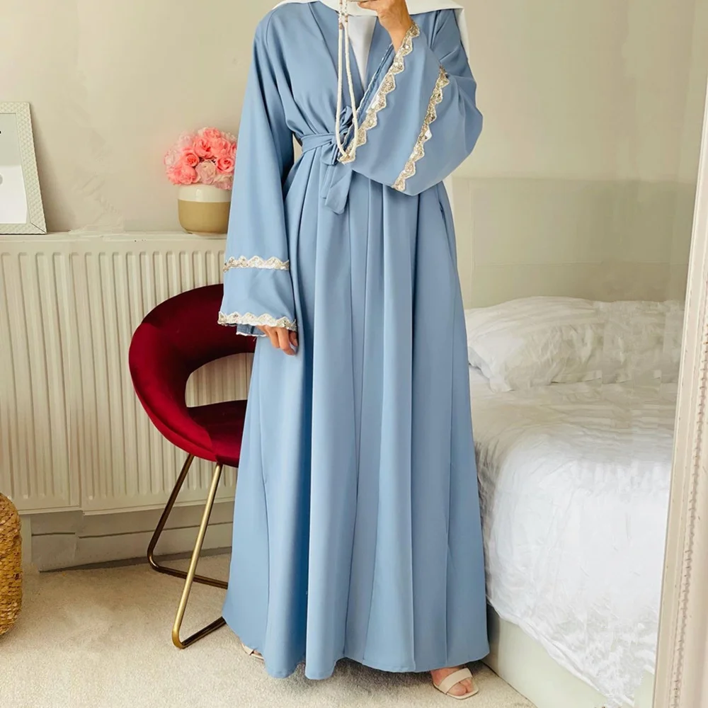 

Muslin Abaya For Women Stitched Lace Cardigan Dress Middle East Dubai Women Robe Loose Patchwork Dress Female Clothing Fashion