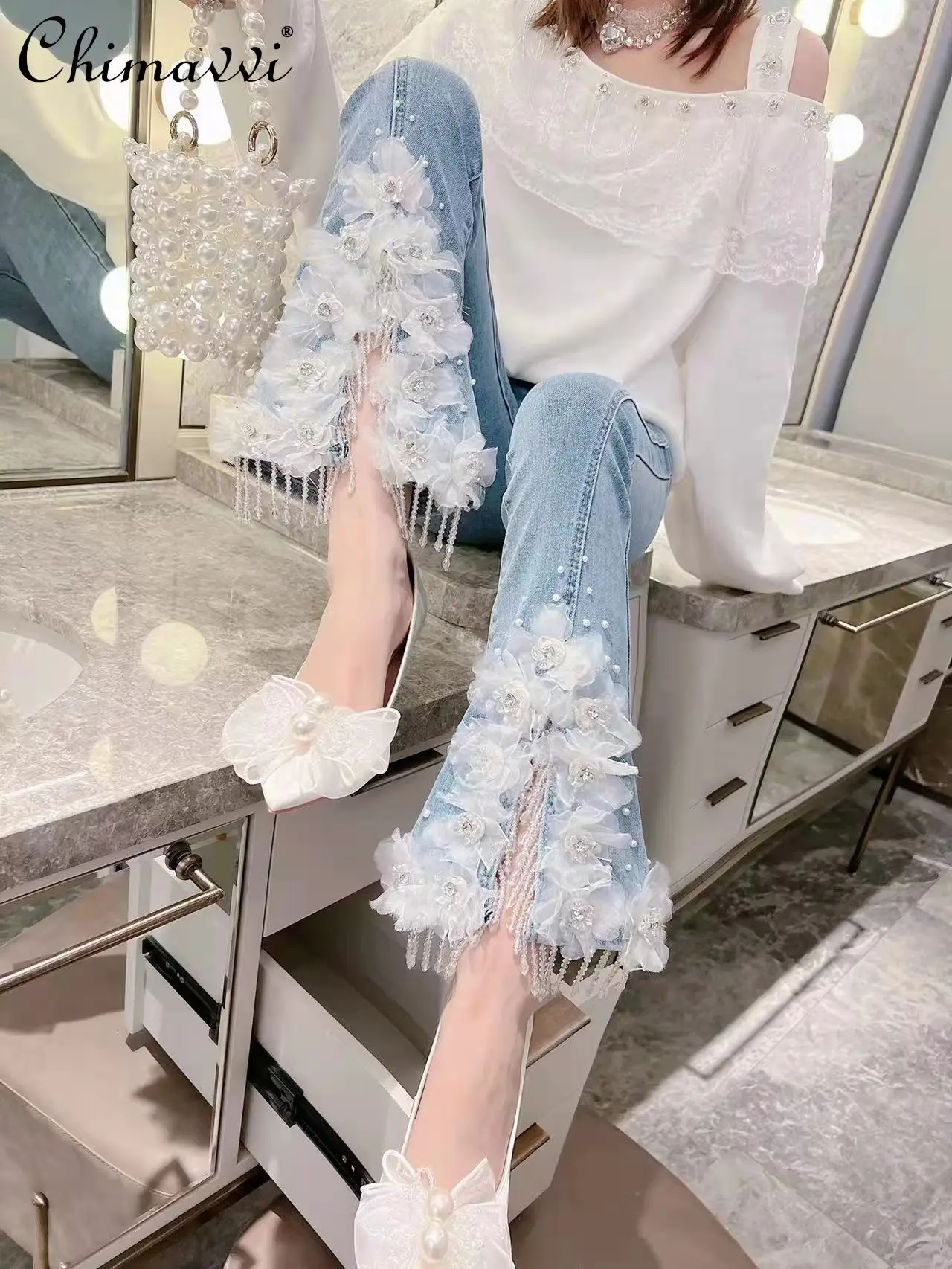 Fashion Jeans for Women 2022 Spring New Korean Sweet Heavy Beads Three-Dimensional Flower Slit Hemline High Waist Bootcut Pants