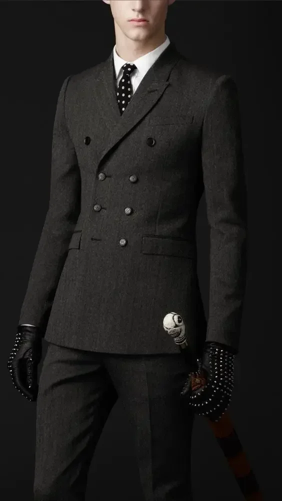 Костюм твидовый мужской зимний двубортный Свадебный облегающий смокинг для