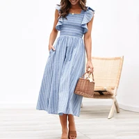 2022 spring and summer new striped dress cotton linen european and american fashion midi dress ruffle sleeve