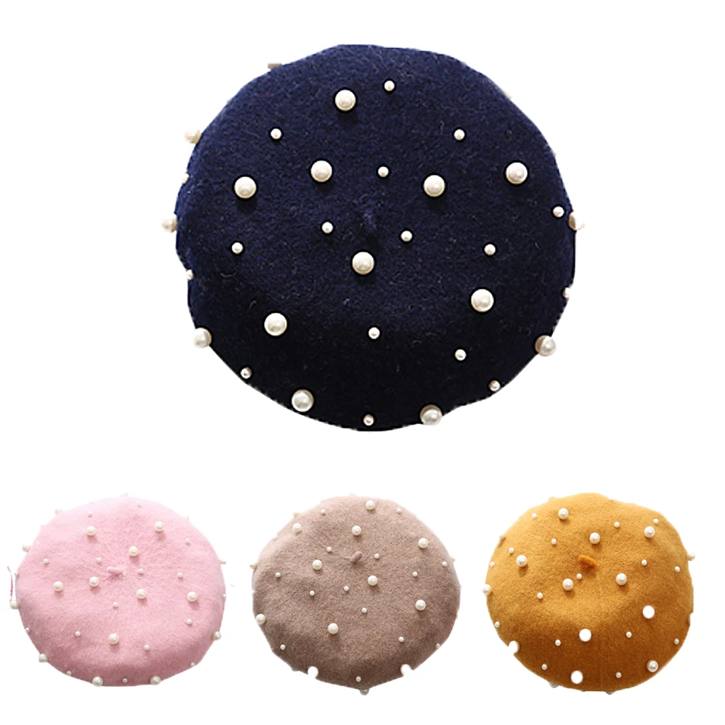 

French Fashion Beret Hat Women Girls Pearl Ornament Woolen Berets Plain Beanie Wool Autumn Warm Winter Hat Street Hats Caps