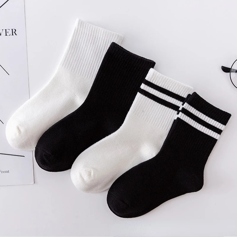 4 Pairs 1-16 Years Kids Socks Boys Girls Spring Cotton Solid Striped School Students Sports Socks Children Socks Teenager Socks