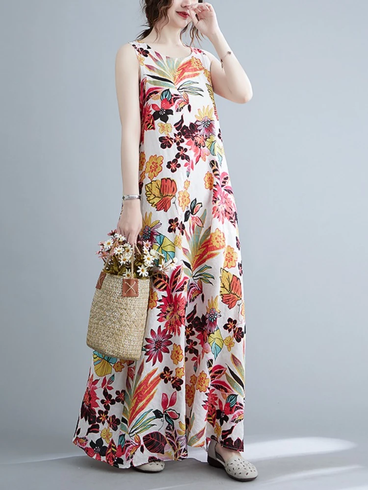 

Beach Summer Cotton Linen Long Dress Women Loose Ethnic Retro Sleeveless Printing Boho O Neck Camisole Dress Hot