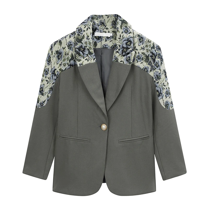 

2021 Vintage Jacquard Patchwork Grey Blazer Women Autumn Jacket And Coat Suit Floral Desinger High Fashion Ladies Blazer Female