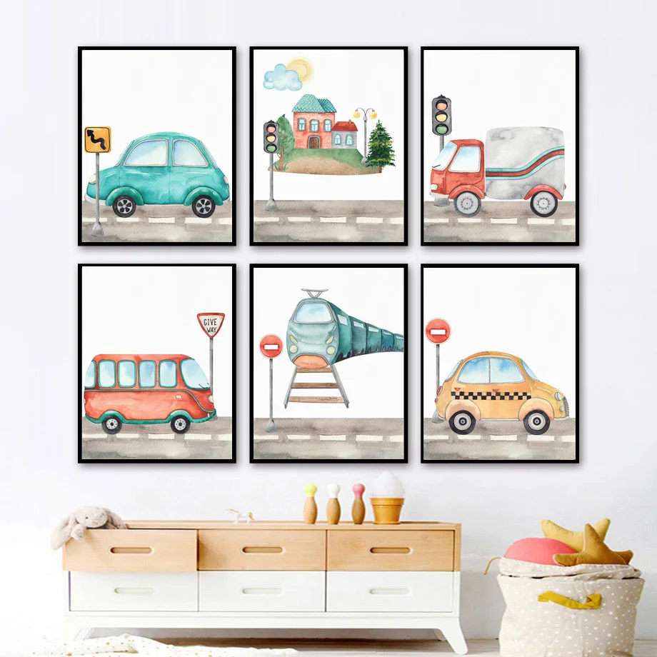

Cartoon Transportation Car Train Truck Road Nordic Posters And Prints Wall Art Canvas Painting Wall Pictures Baby Kid Room Decor