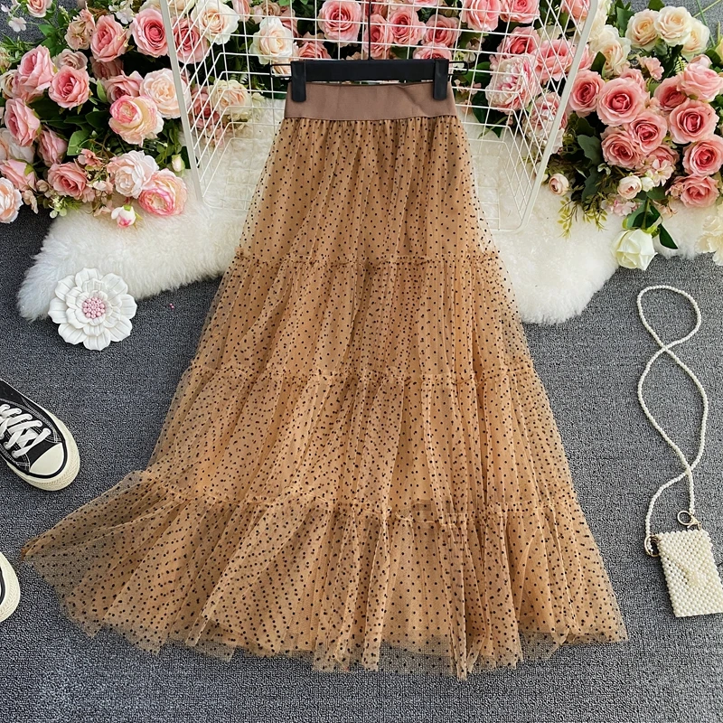 

Elegant High Waist Medium Length Large Swing Gauze Puff Cake Skirt Elastic Waist Knee Length A-line Skirt Za Fashion Women Y2k