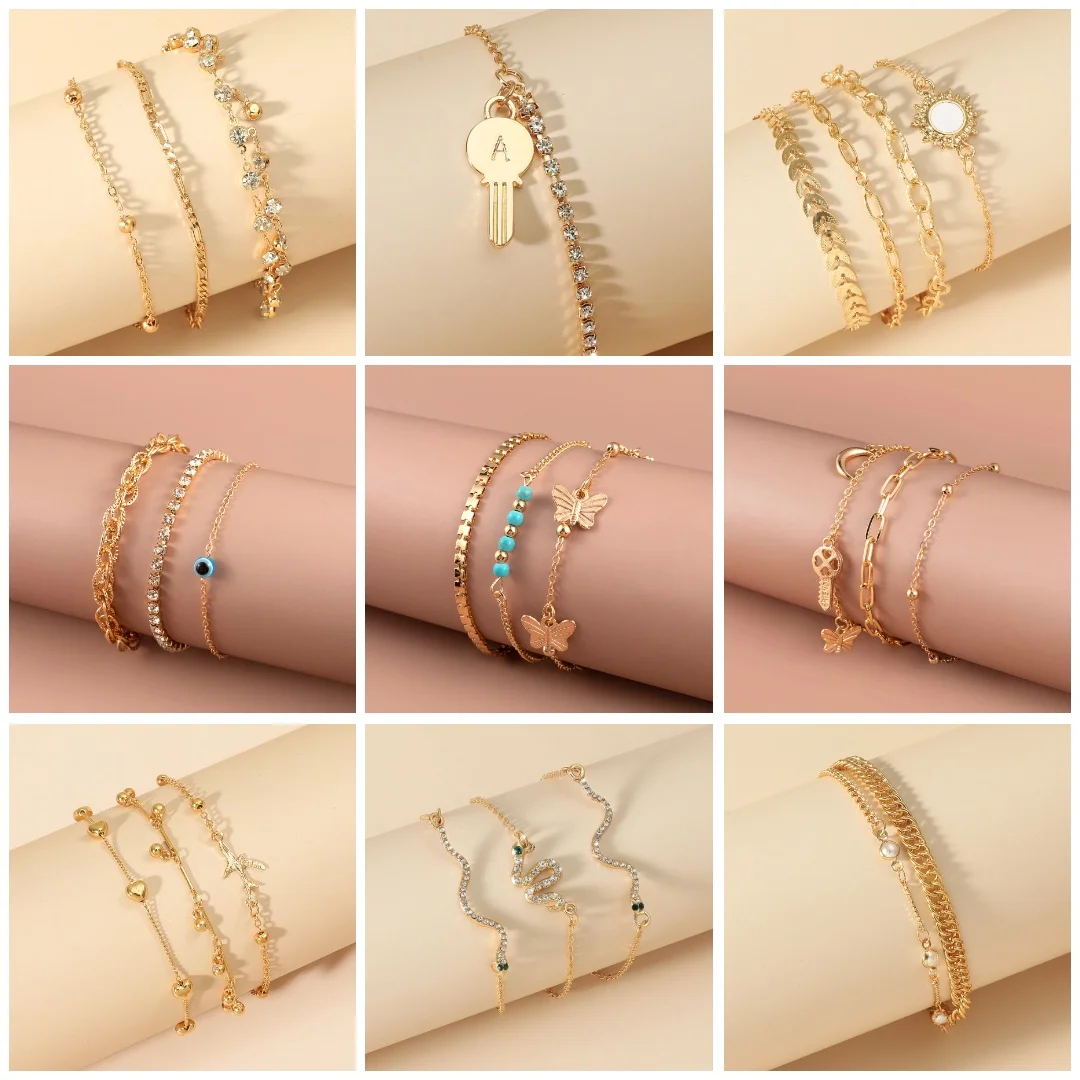 

Hot Selling Multi-layer Zircon Crystal Bracelet Set Exaggerated Geometric Multi-element Beads Thick Gold Chain Bracelet Set 2023