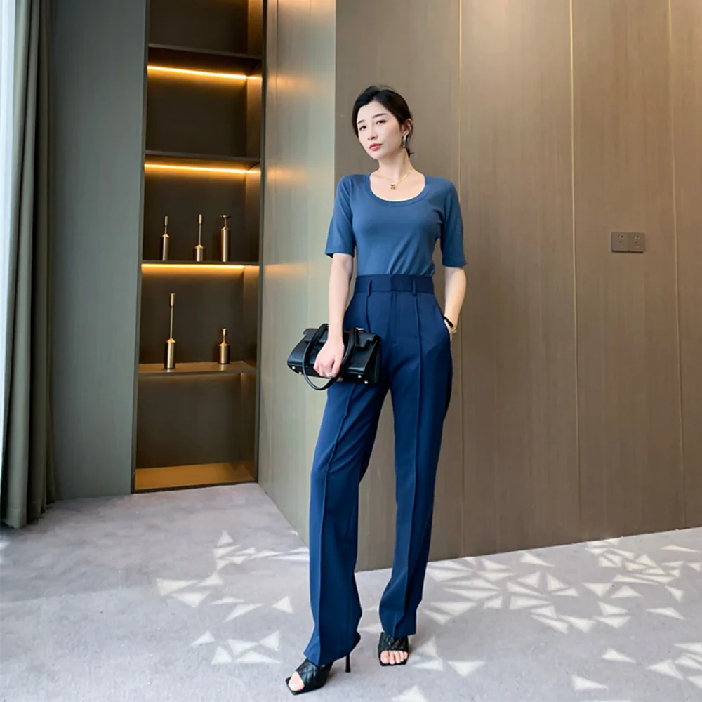 Spring and Summer Stitching Temperament Commuter Trousers High Waist Side Slit Straight Suit Pants