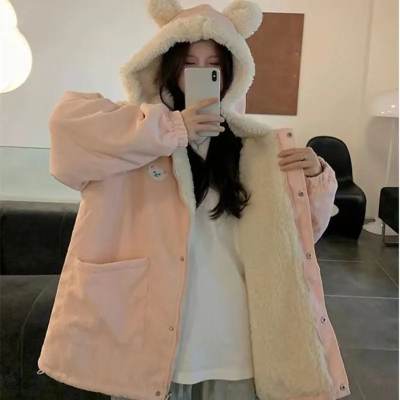 

Y2k Aesthetic All Match Lamb Wool Women Hooded Coat Thicken Warm Vintage Casual Zipper Winter Fashion Loose Cartoon Tops