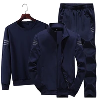 new running mens tracksuit waffle solid cotton sweat absorbing 3pcs set with cardigan pullover and sweatpants suits for men