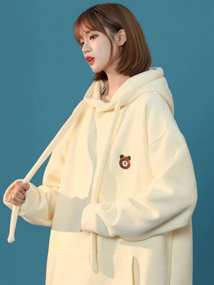 

Бежевая толстовка, женские пуловеры, толстовки с капюшоном, свитшот, повседневные женские толстовки оверсайз с принтом медведя в стиле преп...