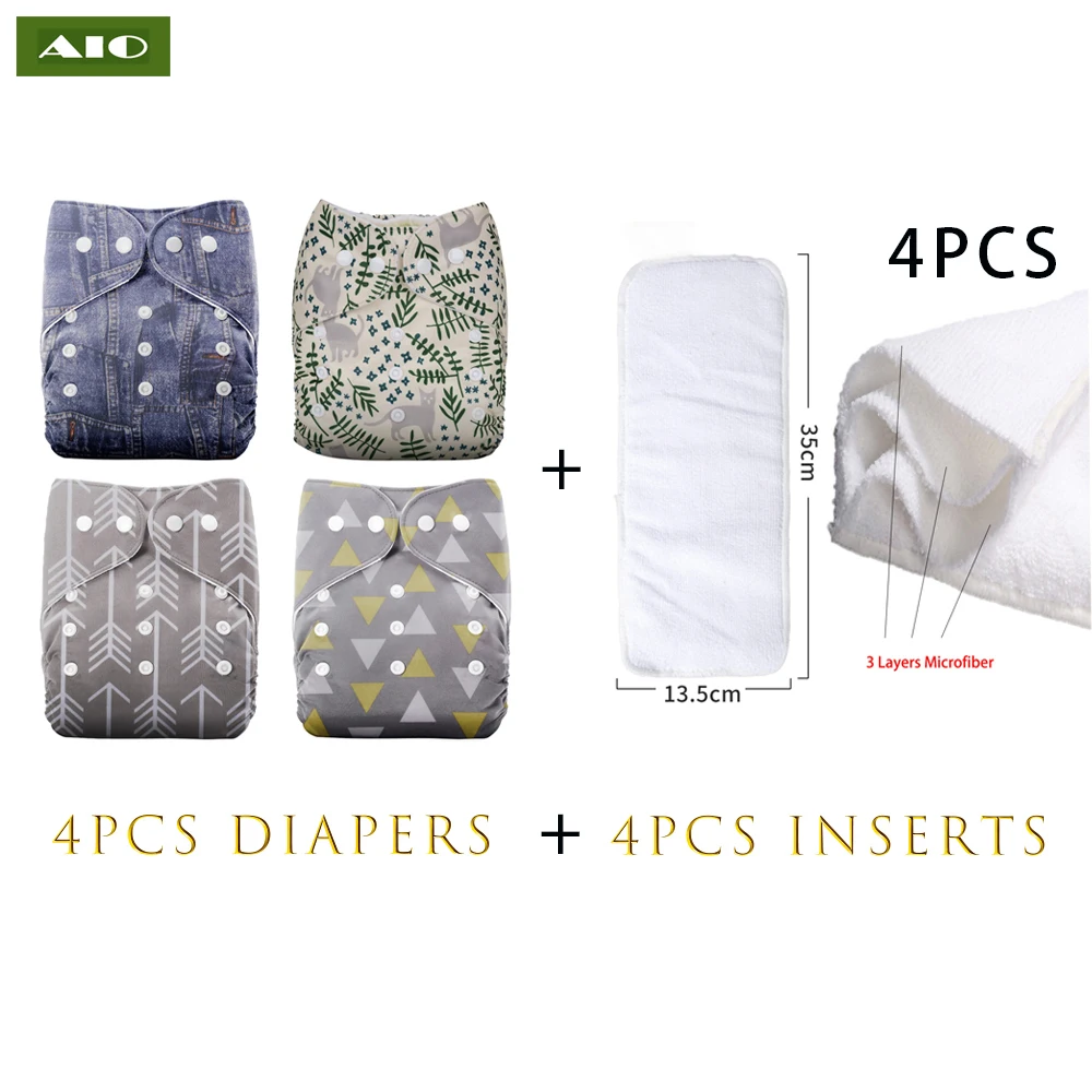 

AIO 4 diapers+4 Inserts Washable Baby Cloth Diaper Reusable Infant Potty Pocket Eco Nappies Absorbent One Size For 3-15KG babi