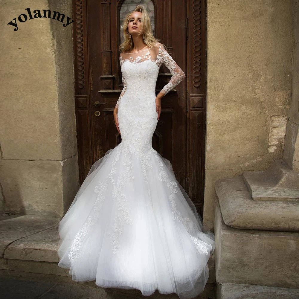 

YOLANMY Trumpet Appliques SCOOP Wedding Dresses Backless Tulle For Mariages Fairytale Full-Sleeves Illusion Made To Order