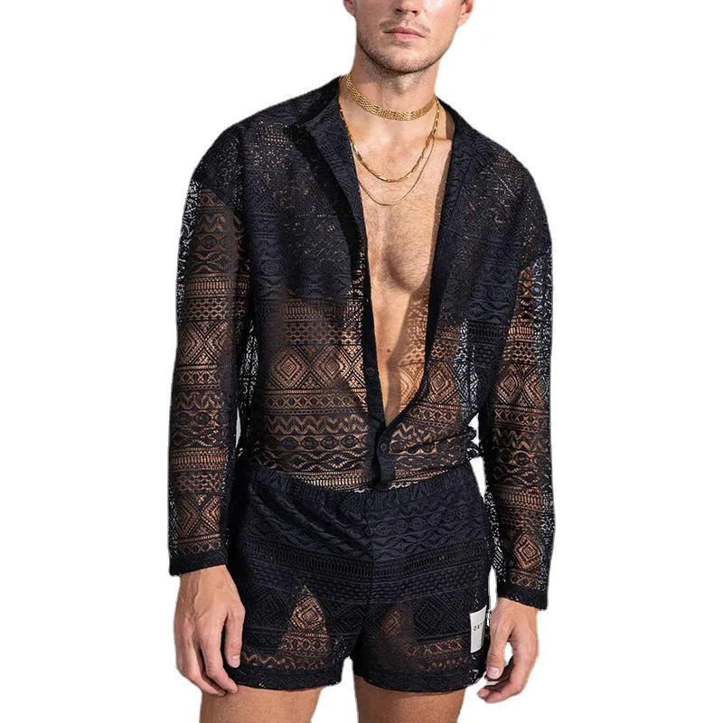 

2023 Summer New Hollow Out Sexy Lace Shorts Shirt Sets Men's Two Piece Sets Fashion Suit Clothes Trendy Elegant Beach Cheap