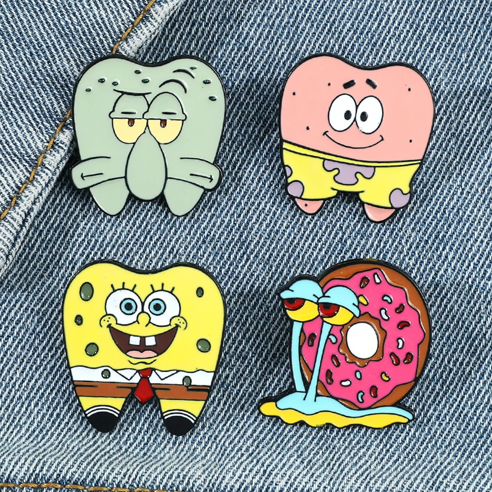 

Cartoon Anime SpongeBob SquarePants Metal Enamel Brooch Kawaii Gary the Snail Patrick Star Teeth Lapel Pin for Child Toy Gift