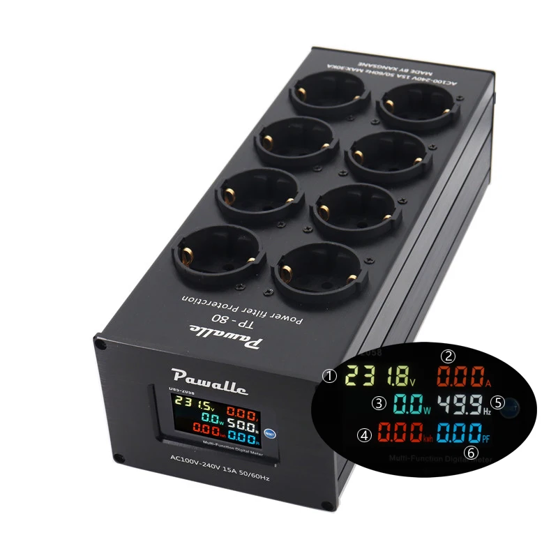

Pawalle 8hole European standard power filter socket lightning protection and noise reduction multifunctional display screen