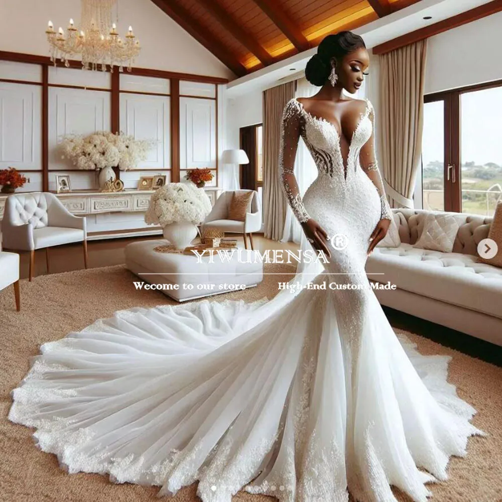 Романтические свадебные платья русалки с v-образным вырезом и длинными рукавами