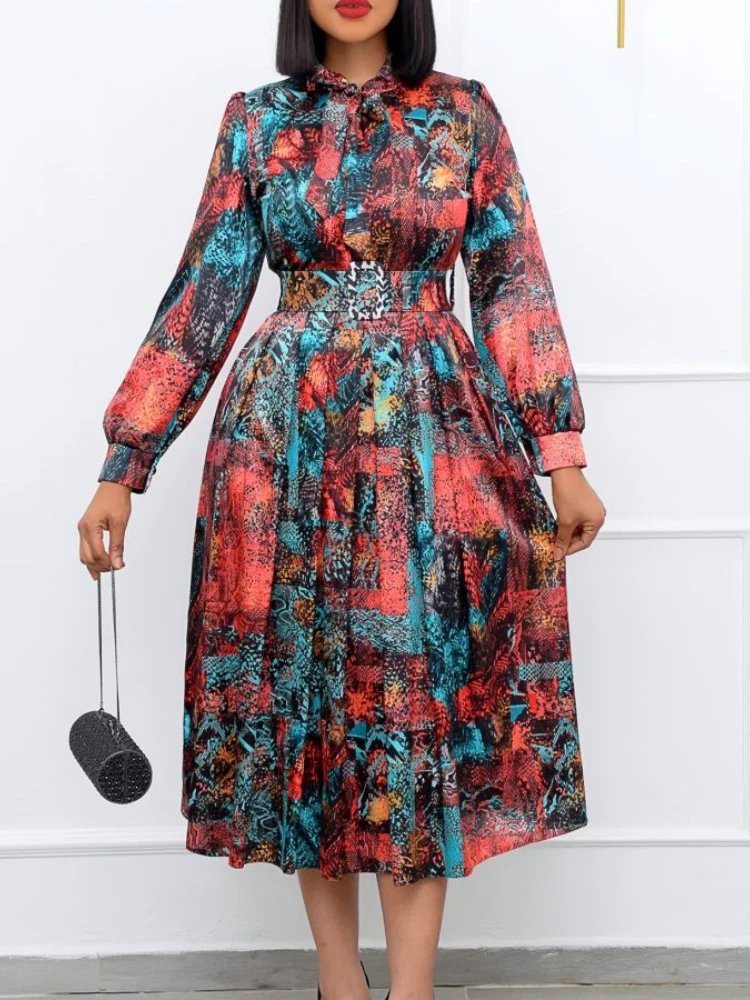 Belt Spring Long Sleeve High Waist Printed Large Size elegant dresses plus size women clothing