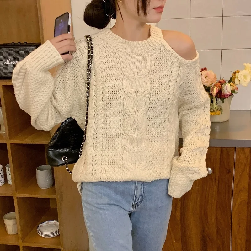 

Autumn Winter Korean O-neck Hollow Out Off-shoulder Twist Knit Sweater Apricot Casual Long Sleeve Female Knitwear Pullover Tops