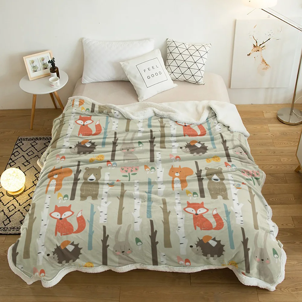 

Cartoon Forest Animal Tree Fox Bear Rabbit Kawaii Cashmere Blanket Thick Winter Bed Lamb Blankets Office Nap Sofa Bed Bedspread