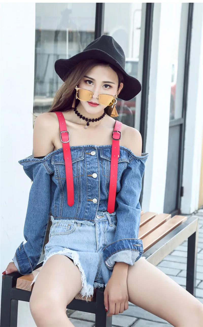 

Spring Women Sexy Off Shoulder Slash Neck Denim Crop Tops High Waist Short Jeans Jacket Coats Black Blue