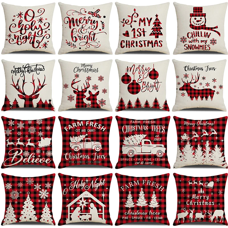 

Christmas Red and Black Plaid Cushion Cover 45x45cm Farmhouse Home Decor Linen Pillow Covers Elk Snowman Snowflake Pillowcase