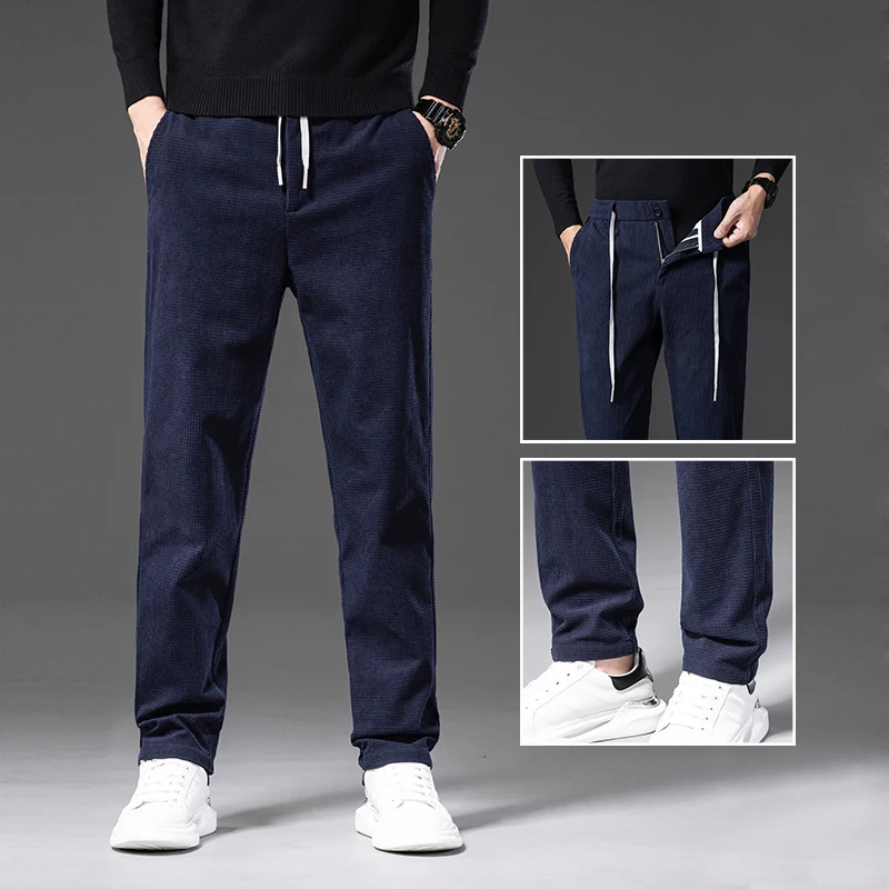 Baggy Men's Straight Pants 2023 Autumn Winter New Comfortable Classic Style Waffle Fabric Casual Trousers Male Brand Clothing