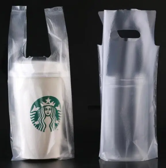 Clear Juice Handle Bags Coffee Tote Bag White Transparent Packaging Pocket Single Double Cup Plastic Bags Cokes Tea Drink Pouch