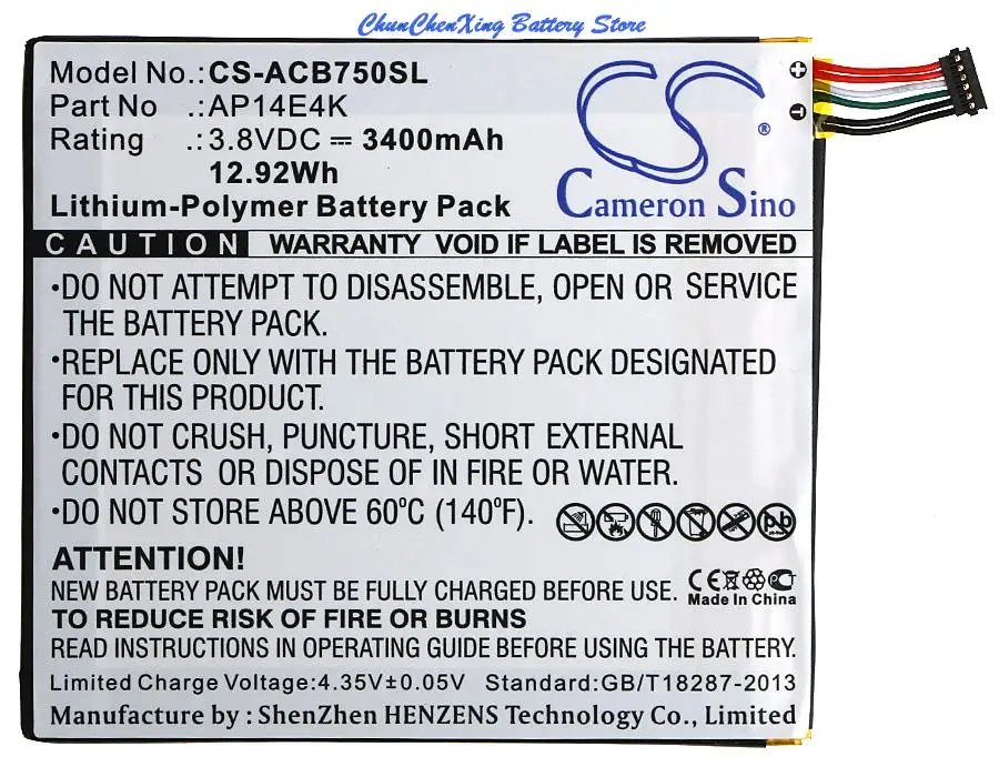 

Cameron Sino 3400mAh Battery AP14E4K, AP14E4K (1ICP4/86/94), KT00104001 for Acer Iconia One 7 B1-750