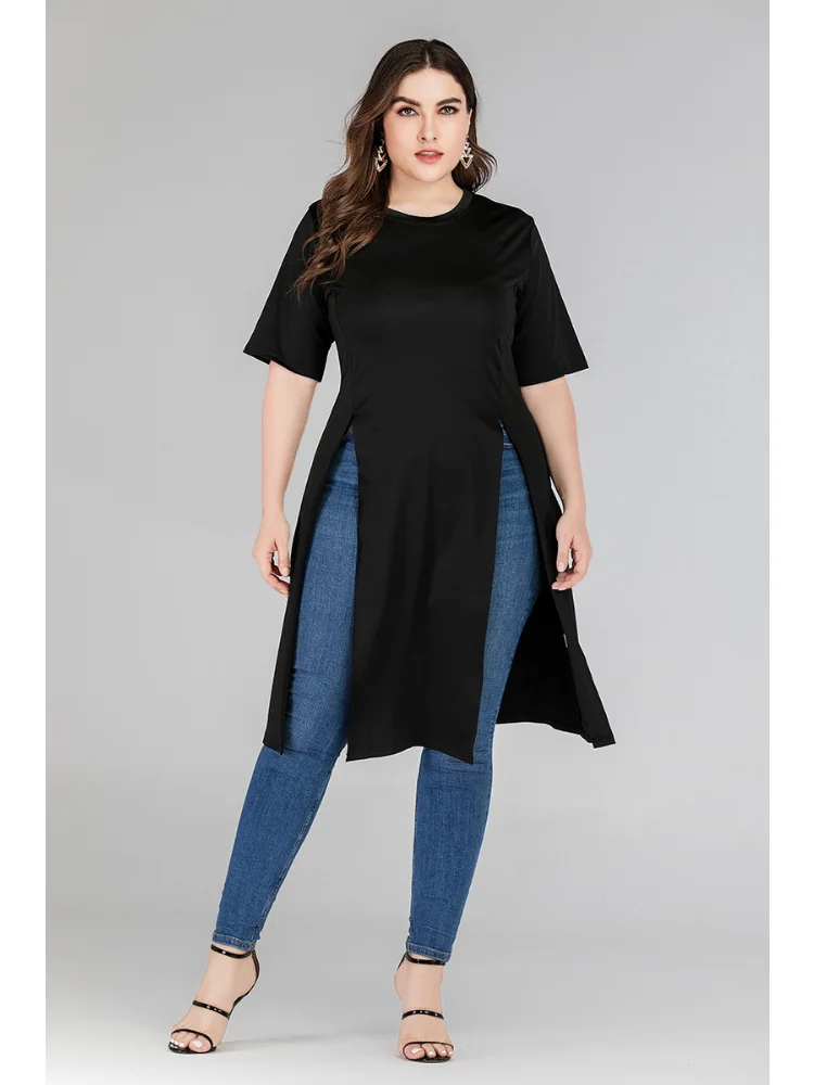 Large size women's fat mm skirt new split fork spring and summer casual wear solid color dress plus size feminino