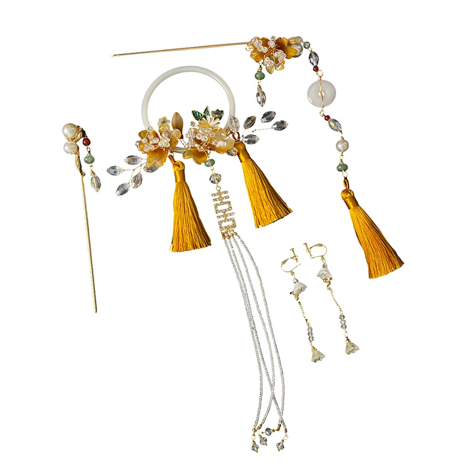 

Chinese Hair Stick Dangling Earrings Set Classy Tassel Gold Flower Hair Rings Ornaments for Dating Show Stage Performance