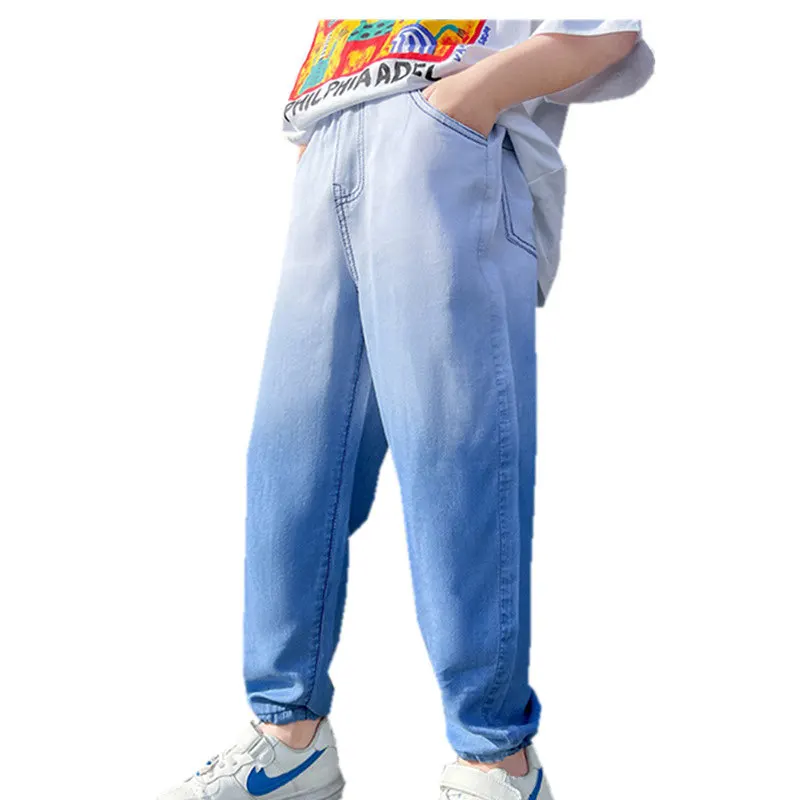 

Jeans for Boys Summer Thin Denim Pants Fashion Gradient Color 2022 Elastic Waist Chidlren High Quality Casual Sweatpants 5-14Yrs
