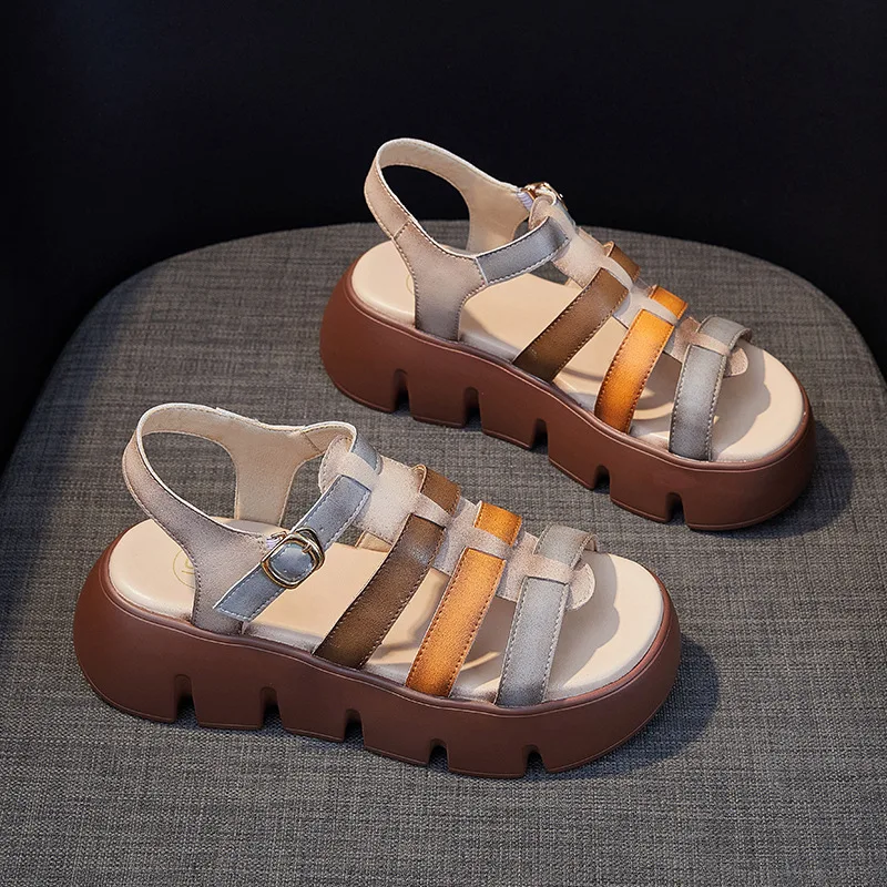 CICIYANG Sandals Women Genuine Leather 2023 Summer New Flat Mother Shoes Non-slip Ladies Beach Shoes Cutout Weave Roman Sandals