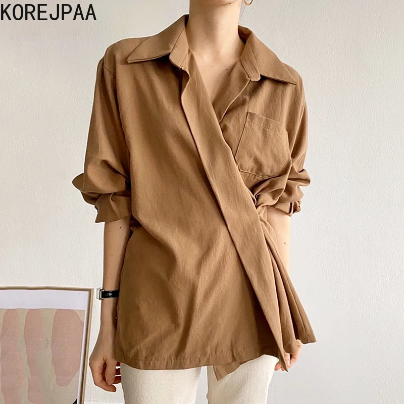 

Korejpaa Women Shirt 2021 Korean Fashion Autumn Elegant Lapel Cross Design Loose Solid Pocket Casual Long Sleeve Shirts Top