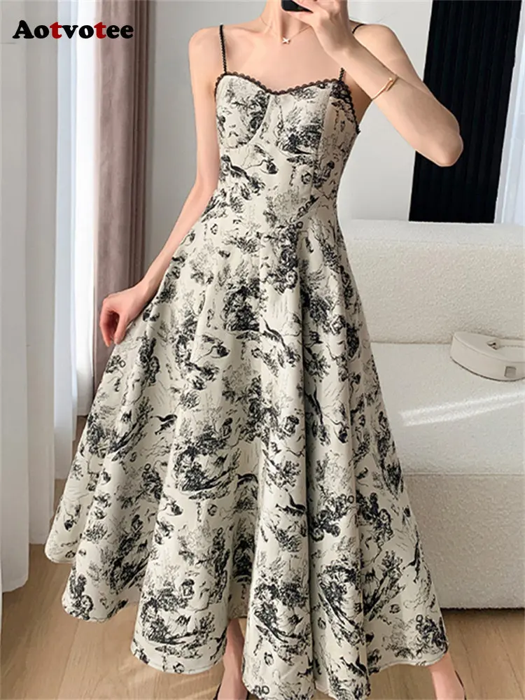 

Aotvotee Floral Dress for Women 2023 New Fashion Fairycore Chic Spaghetti Strap Midi Dress Elegant Casual Jacquard Vintage Dress