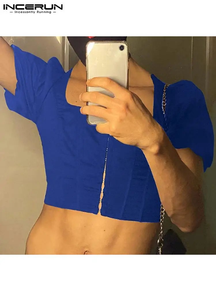 

INCERUN Men Shirt Solid Color O-neck Short Sleeve Streetwear Crop Tops Button 2022 Sexy Fashion Party Casual Men Clothing S-5XL