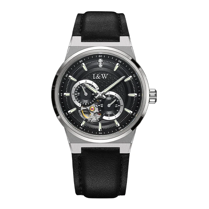 

I&W Men Automatic Watch 42mm Luxury Watches Mechanical Wristwatch Skeleton 50m Waterproof Luminous Sapphire Leather Strap