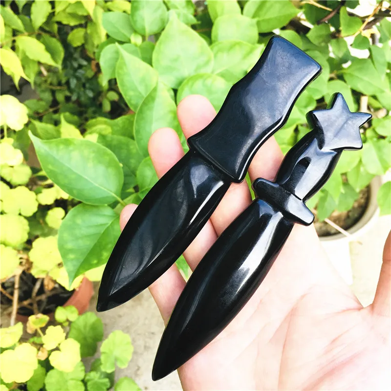 

Natural Black Obsidian Crystal Protection Stone Hand Carved Dagger Folk Crafts Men Gifts Magic Talisman And Sword Witch Supplies